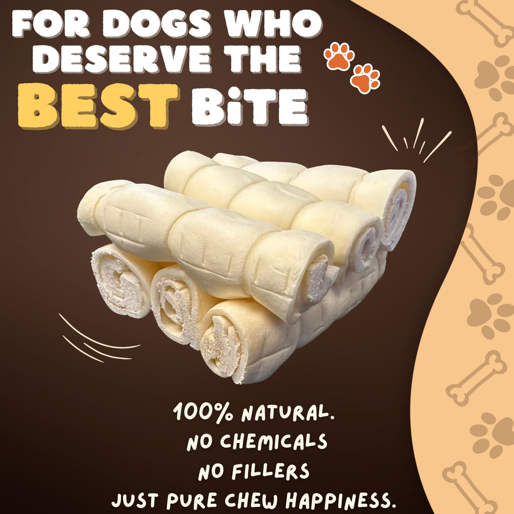 Woofley's buffalo beef cheek roll 5-6 inch length shown for medium dogs.