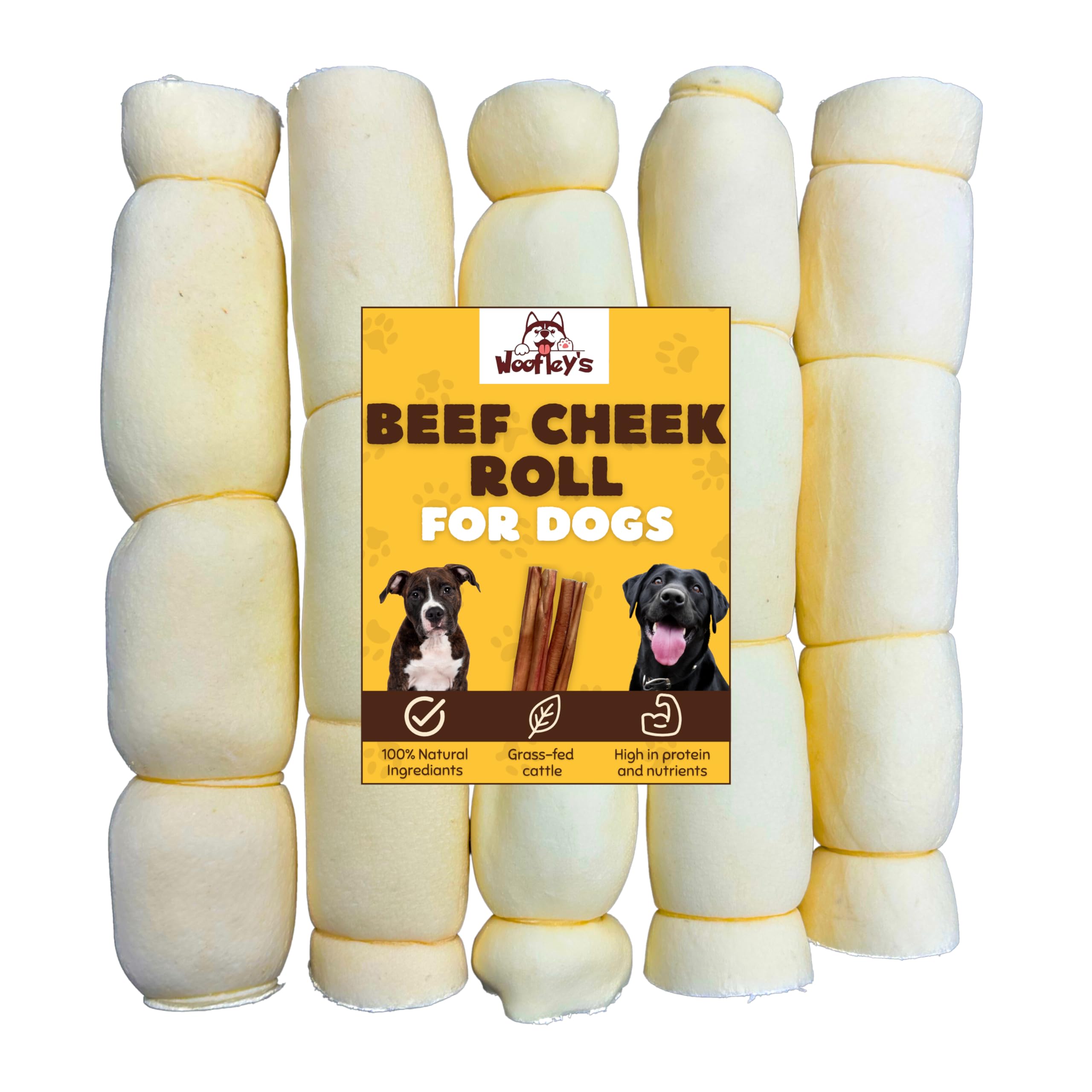 Woofley's Buffalo Beef Cheek Roll 9-10 inch in use, long-lasting chew for power chewers.