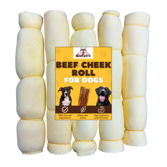 Woofley's Buffalo Beef Cheek Roll 9-10 inch in use, long-lasting chew for power chewers.