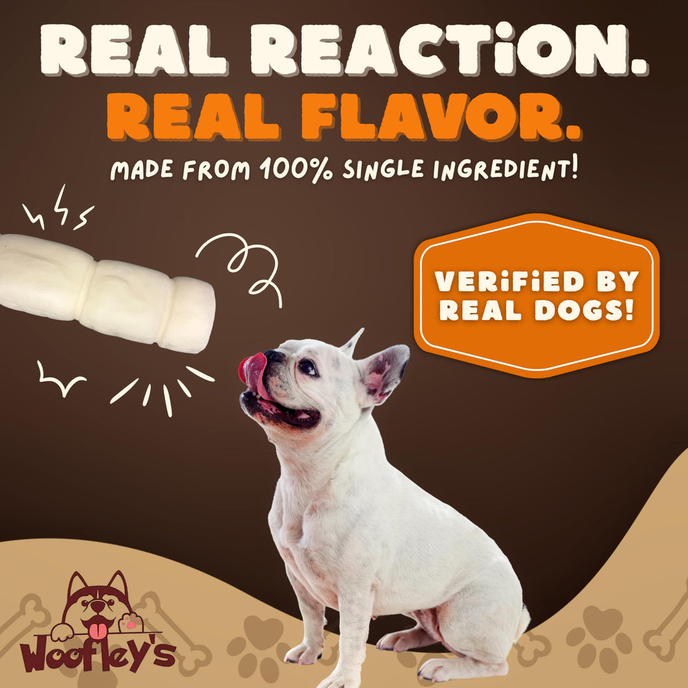 Woofley's Buffalo Cheek Roll dog enjoying a satisfying chew session.