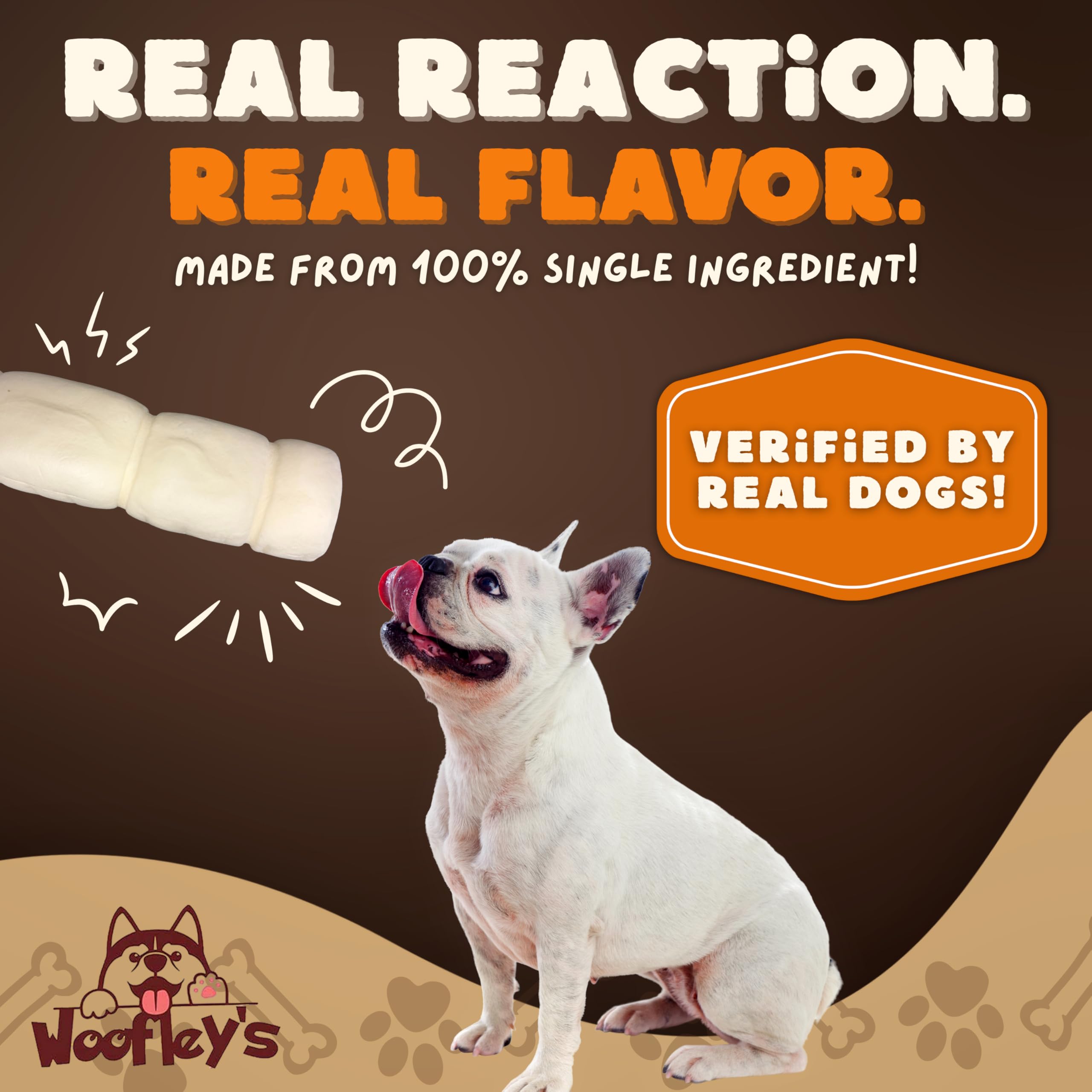 Woofley's buffalo beef cheek roll label emphasizes zero chemicals and additives.
