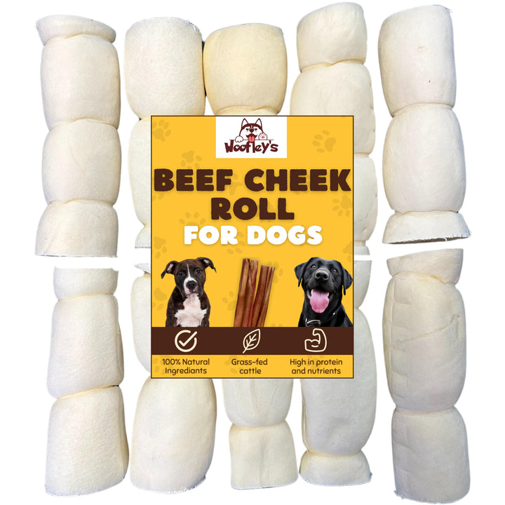 Woofley's buffalo beef cheek roll pack shows ten-count bag for long-lasting dog chewing.