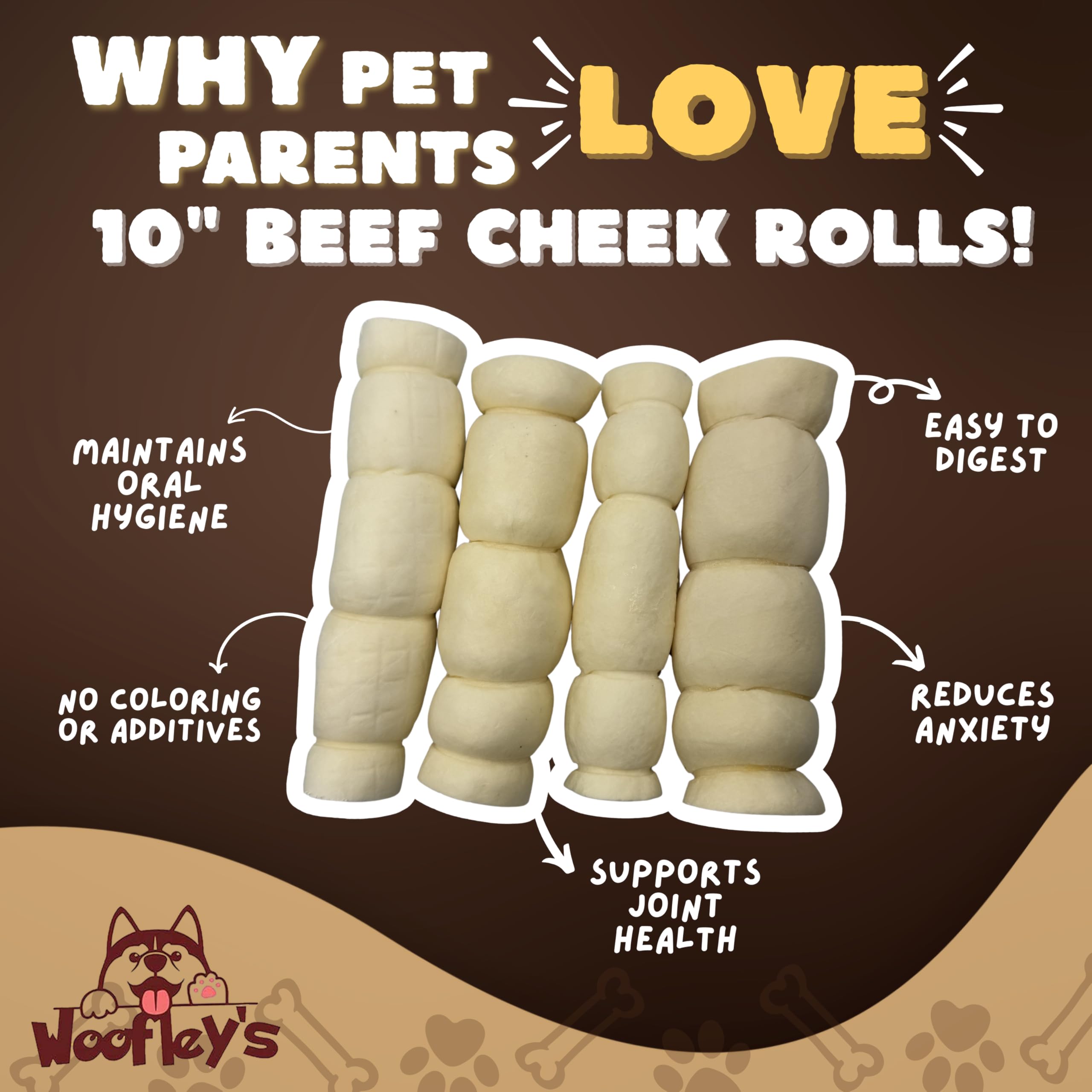 Woofley's Buffalo Beef Cheek Roll pack displayed as a natural chew option.