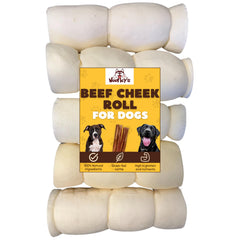 Woofley's buffalo beef cheek roll pack shown for long-lasting dog chew sessions.