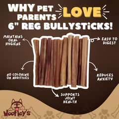 Woofley's buffalo bully stick 25-count bag highlights bulk value and freshness.