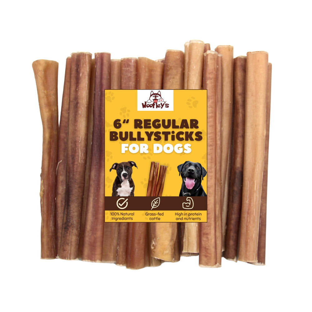 Woofley's buffalo bully stick 6in-packfront long-lasting chew for dogs.