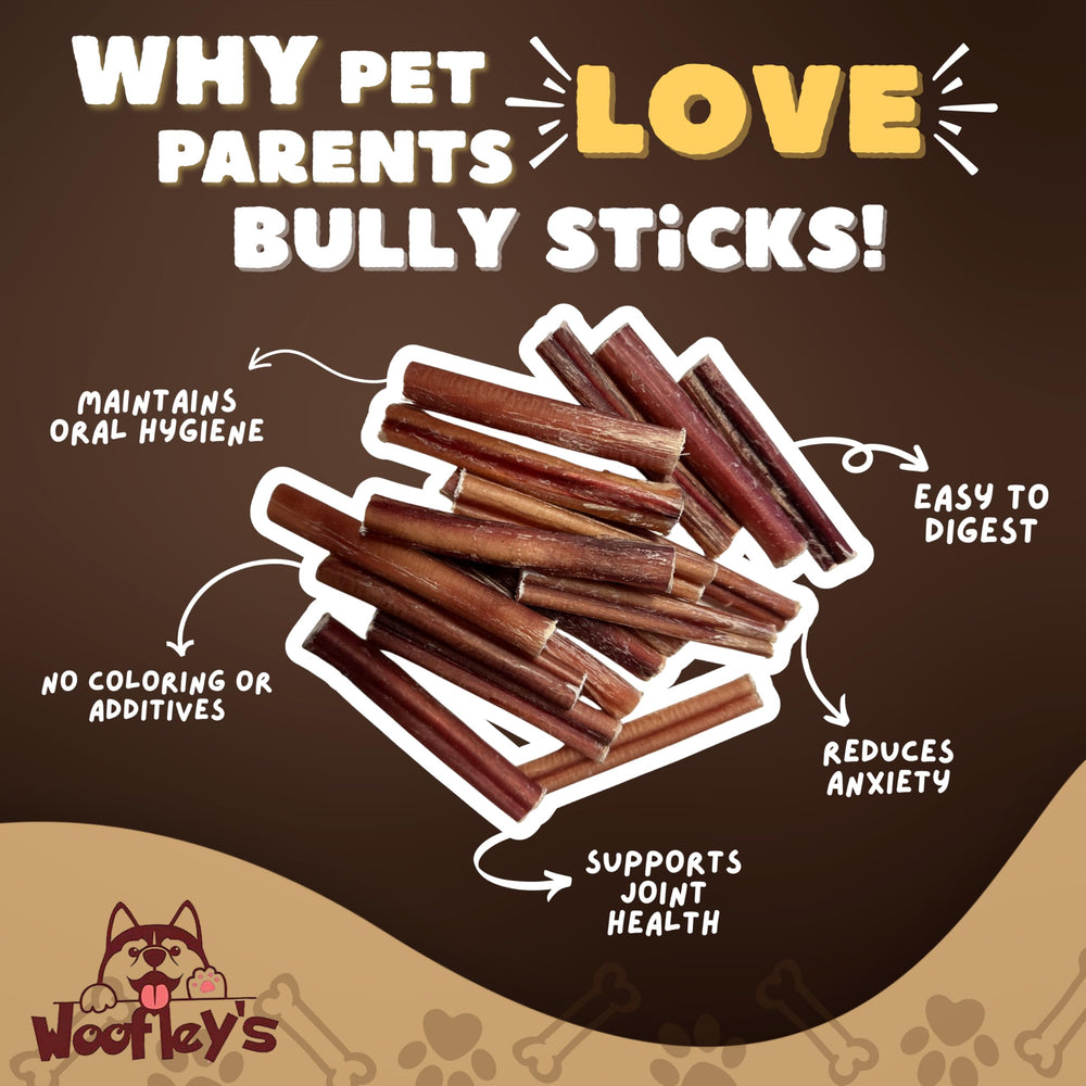 Woofley's buffalo bully stick single-ingredient easily digestible dog chew.
