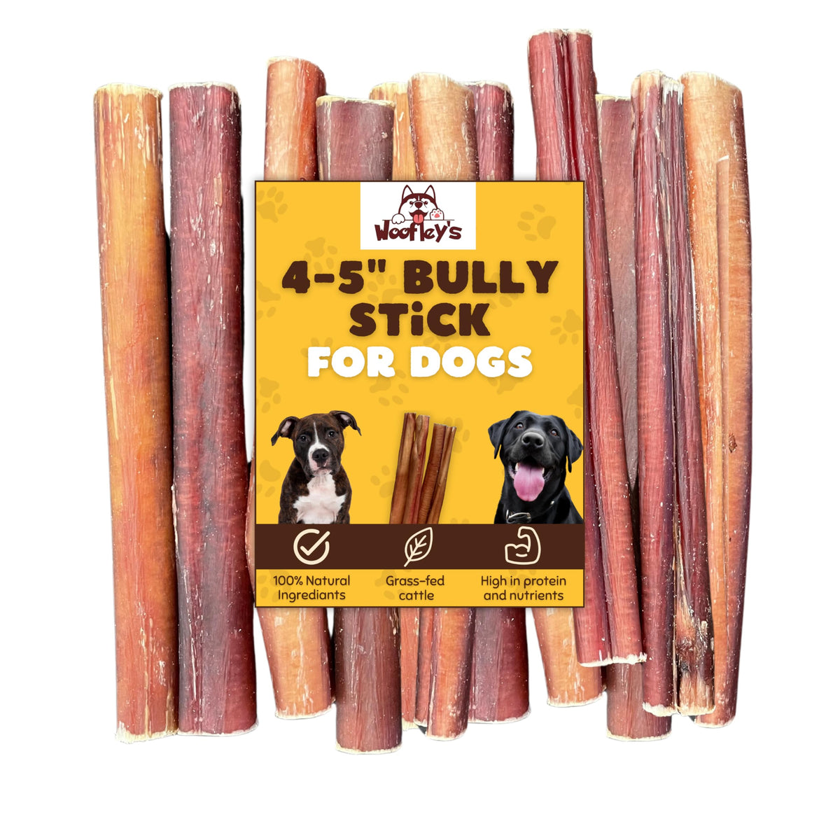 Woofley's bulk bully sticks for dogs promote long-lasting chewing.