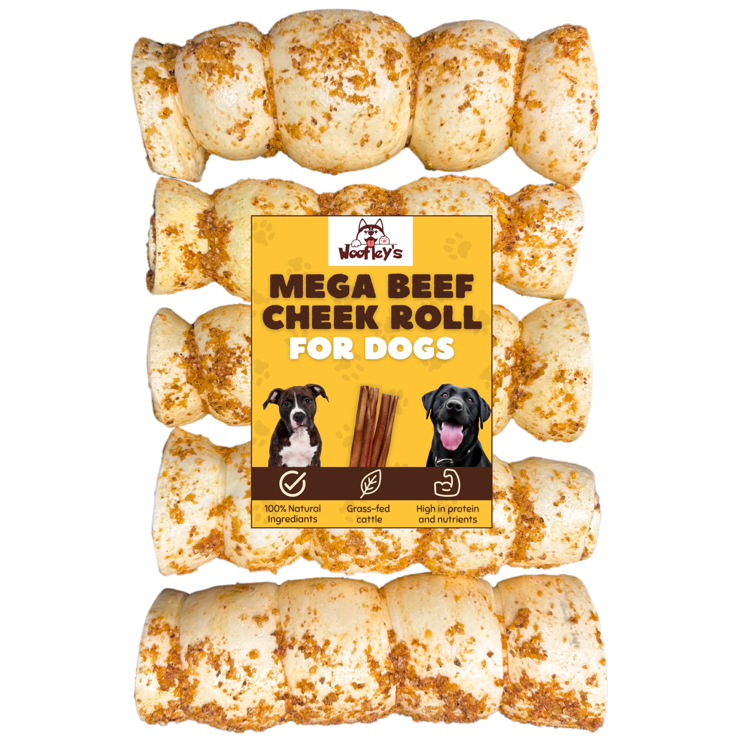 Woofley's Bully Dusted Beef Cheek Roll 5-count pack, long-lasting chew for dogs.