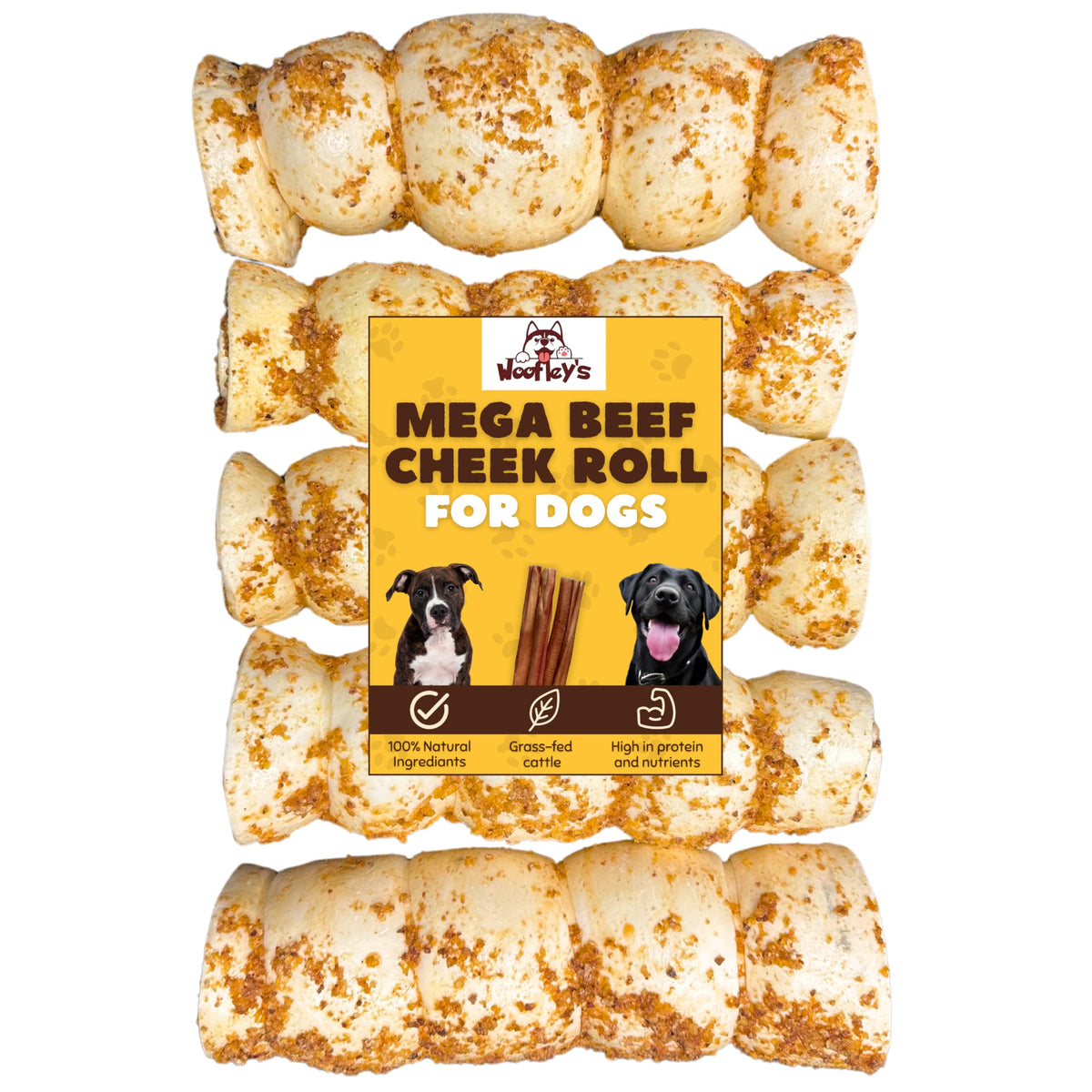 Woofley's Bully Dusted Beef Cheek Roll 5-count pack, long-lasting chew for dogs.
