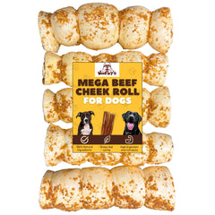Woofley's Bully Dusted Beef Cheek Roll 5-count pack, long-lasting chew for dogs.