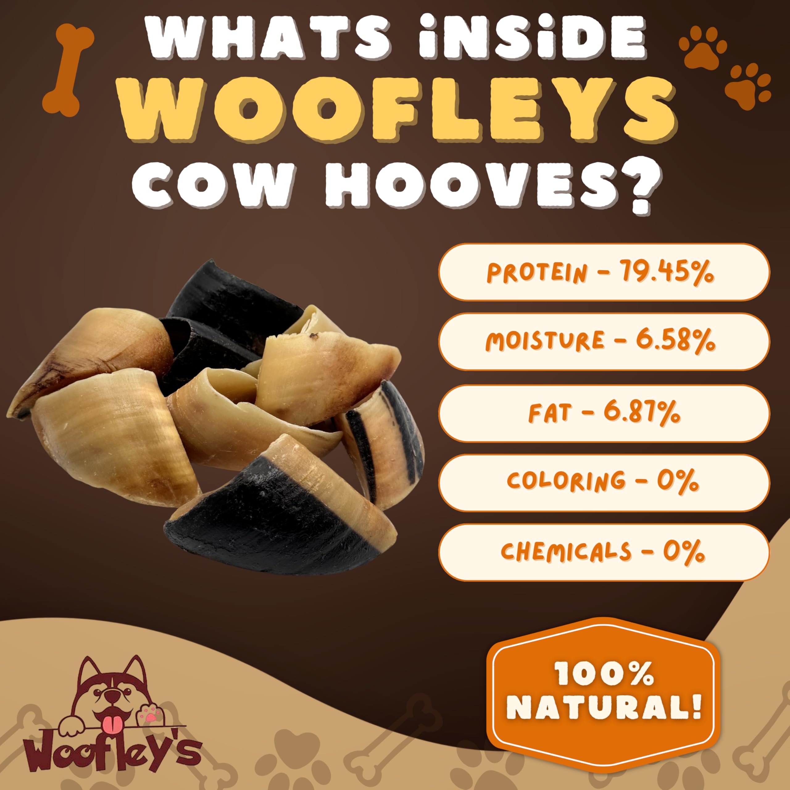 Woofley's cow hooves dental-benefit closeup suggests plaque removal through chewing.