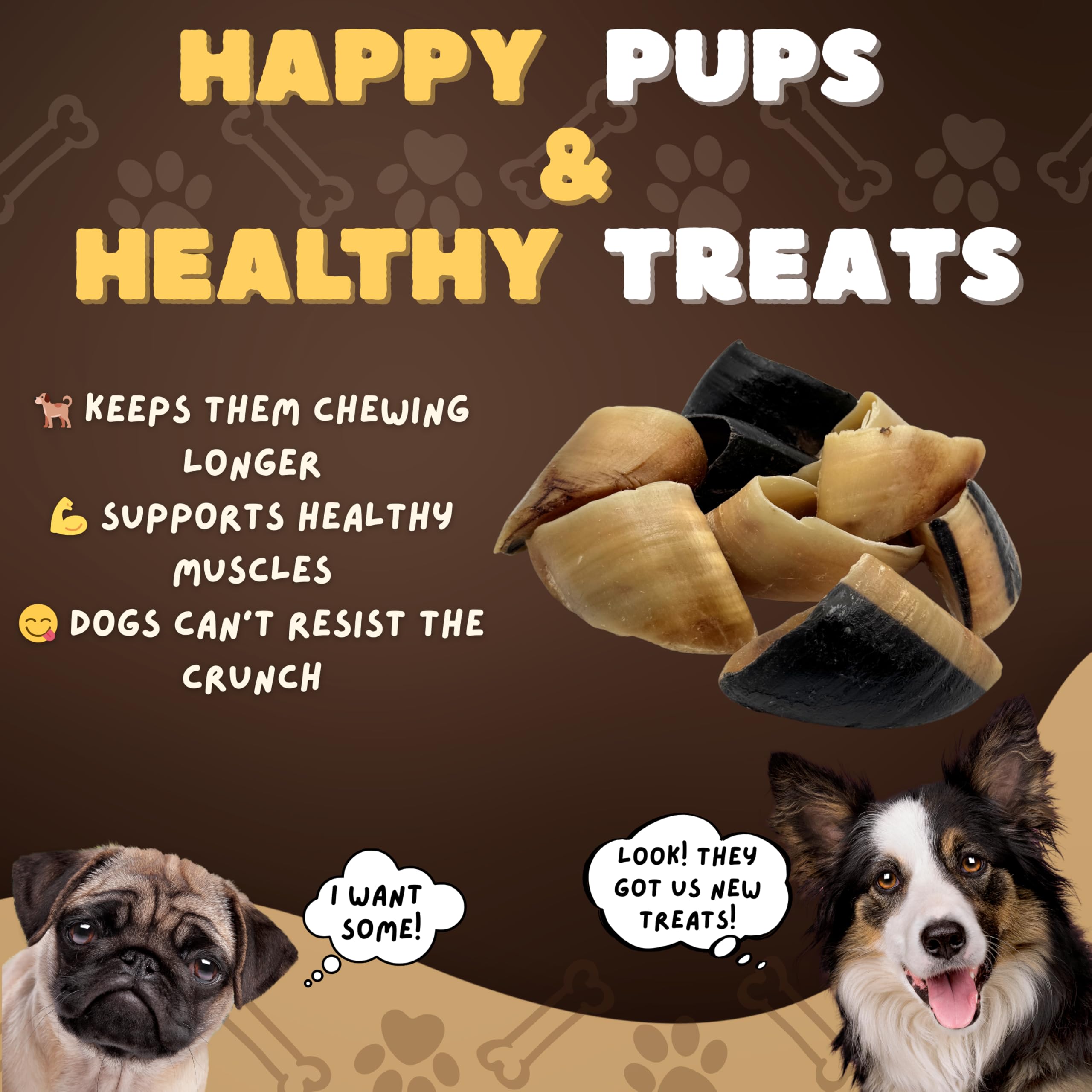 Woofley's cow hooves ingredients shot emphasizes single-ingredient, grain-free chewing.