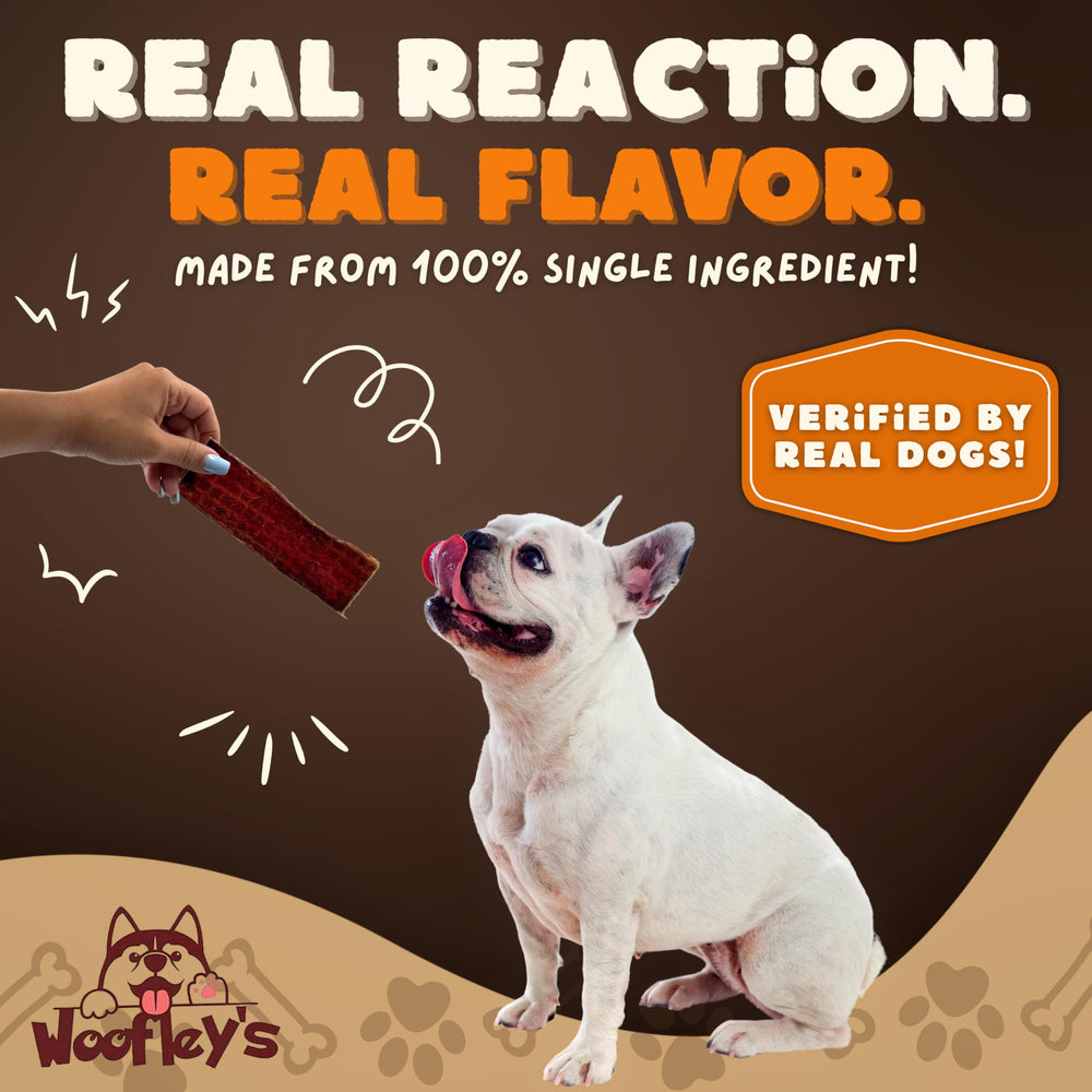 All-natural, free-range sourcing badge on Woofley's Esophagus Jerky packaging.