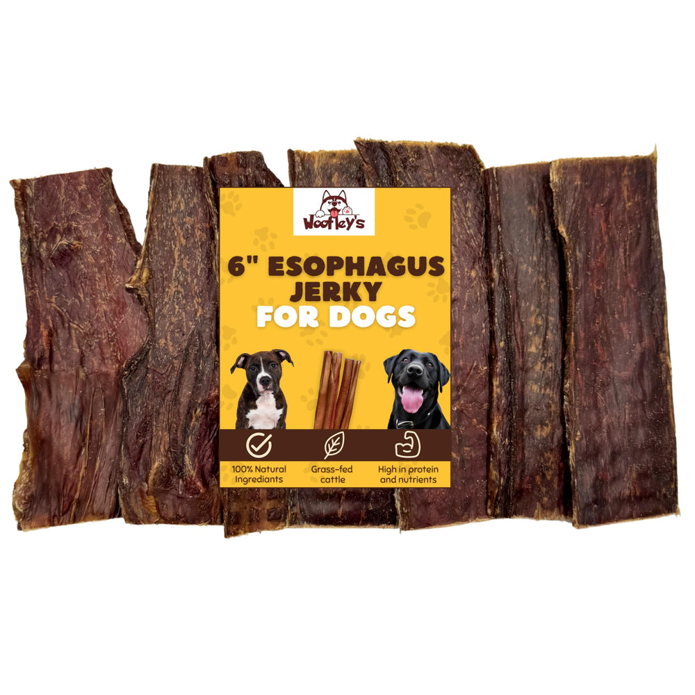 Woofley's Esophagus Jerky packaging highlights all-natural dog chews.