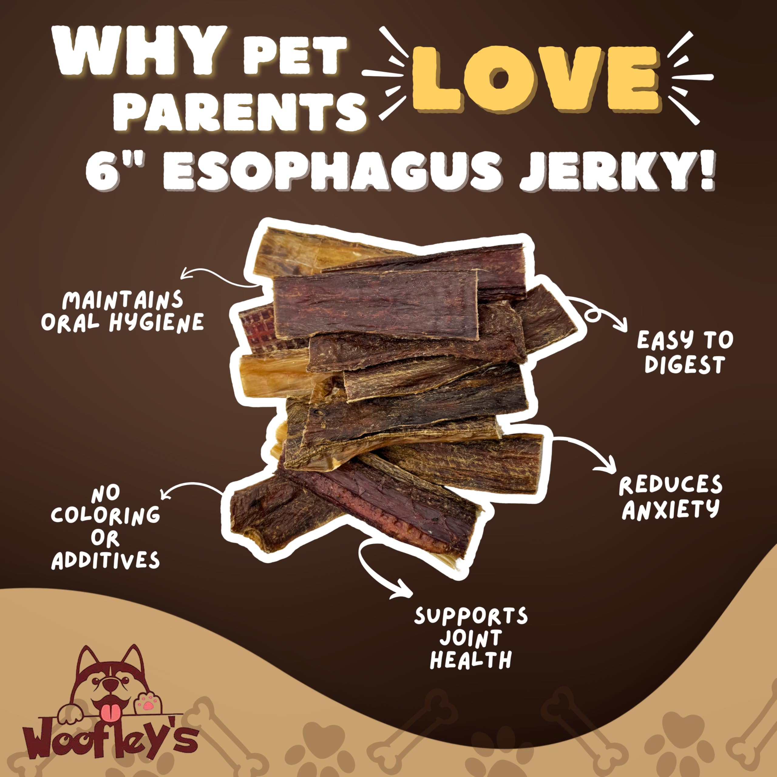 Close-up texture of Woofley's Esophagus Jerky, single-ingredient chew.