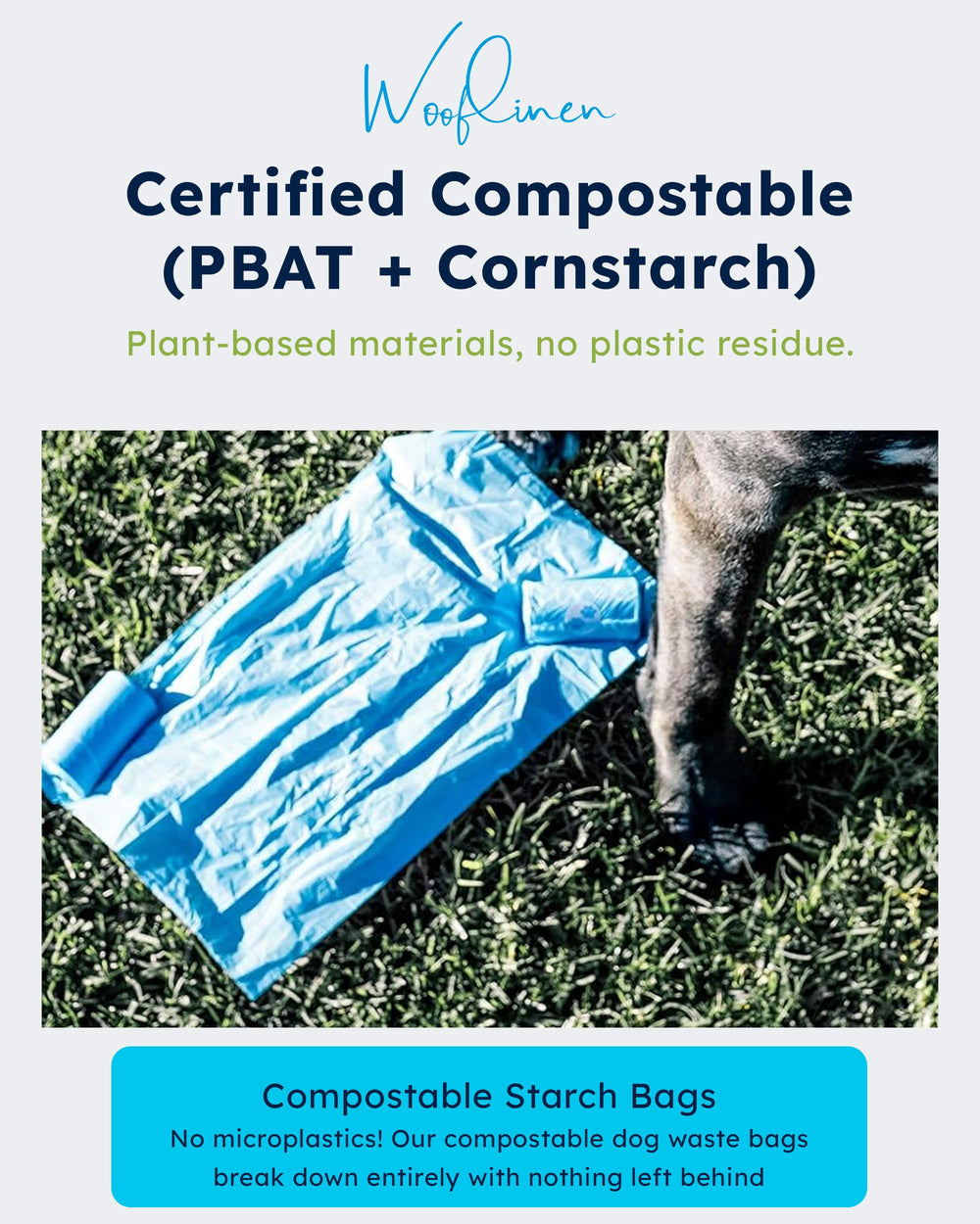EN13432-certified Wooflinen bags for safe disposal.