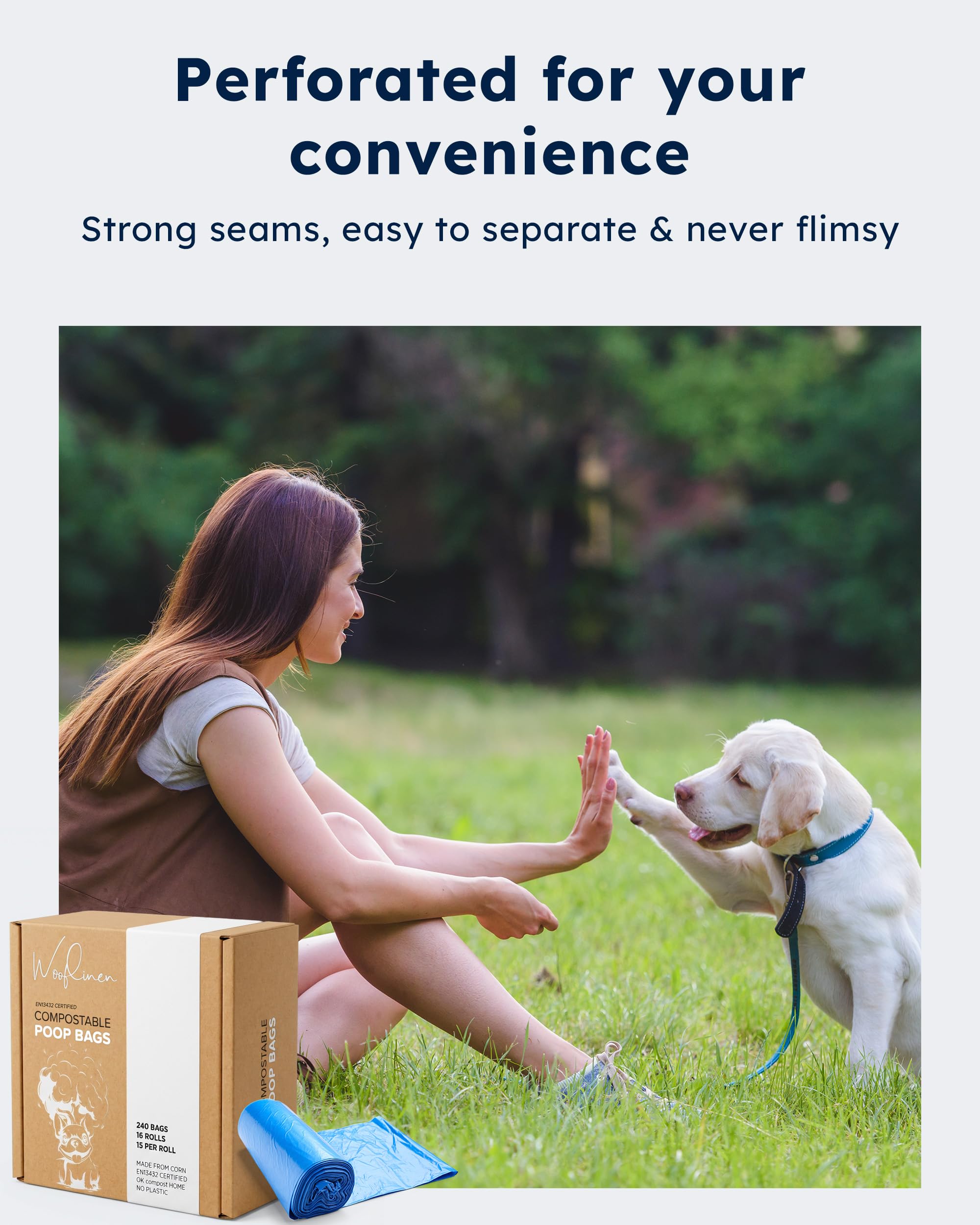 Soft-touch Wooflinen poop bags feel comfortable to handle.