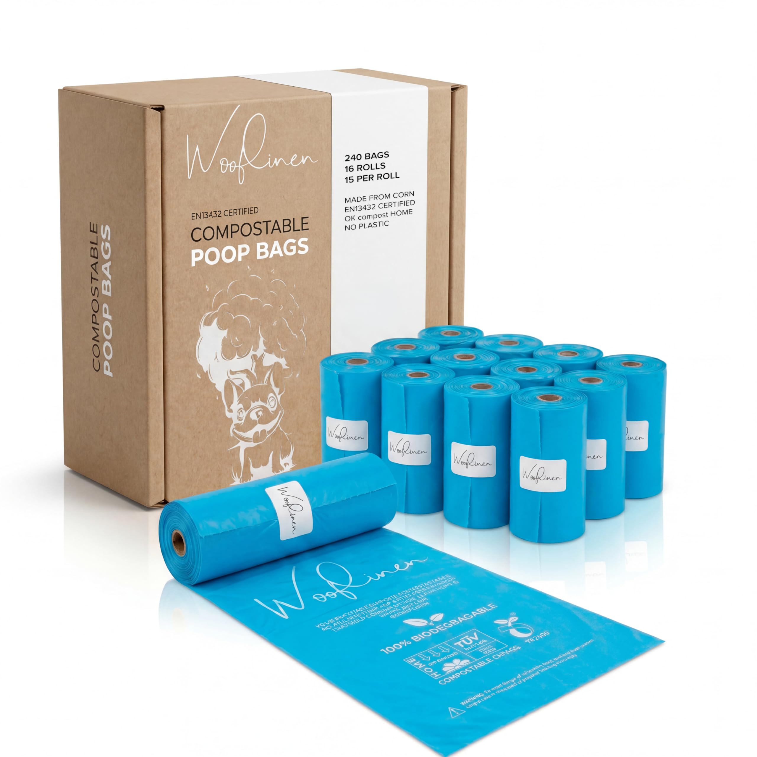 Wooflinen unscented compostable dog poop bags on a roll for easy cleanup.