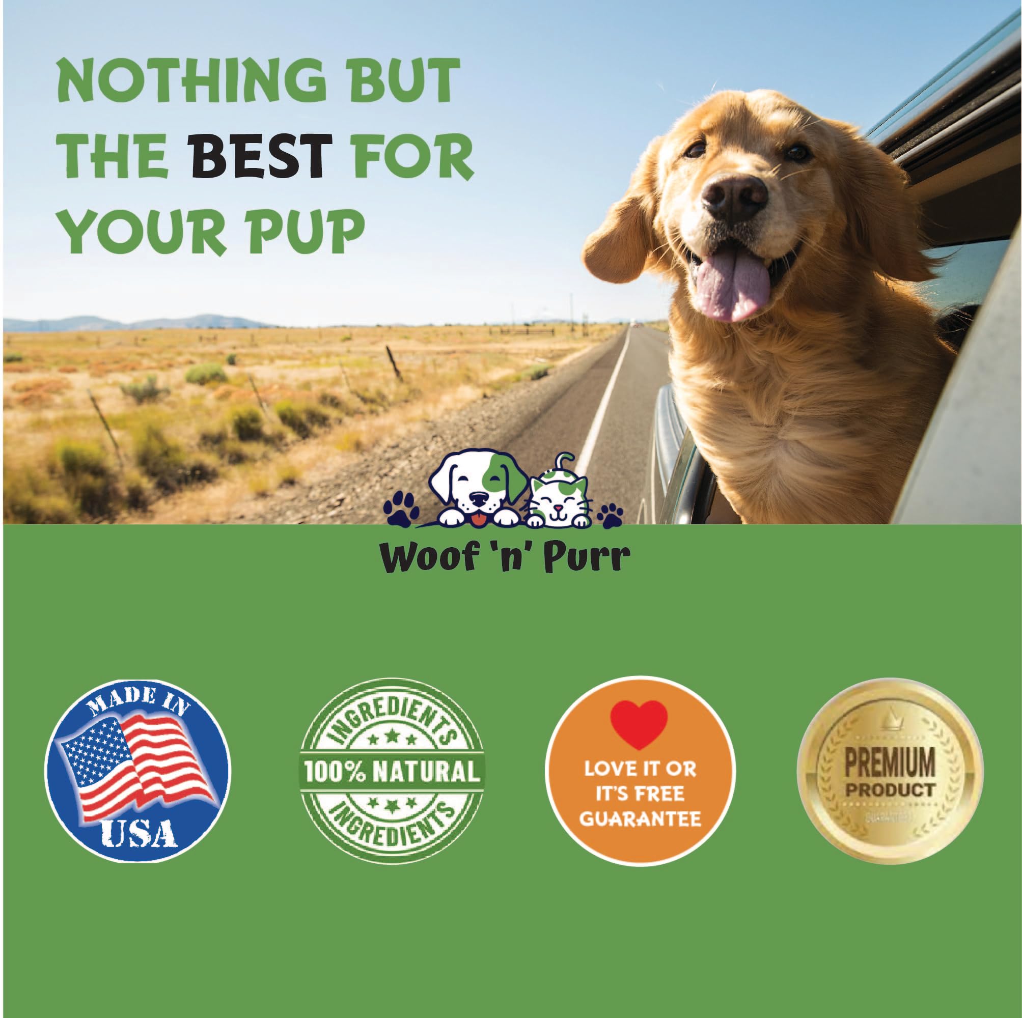 WoofnPurr packaging label front emphasizes natural ingredients and safe use.