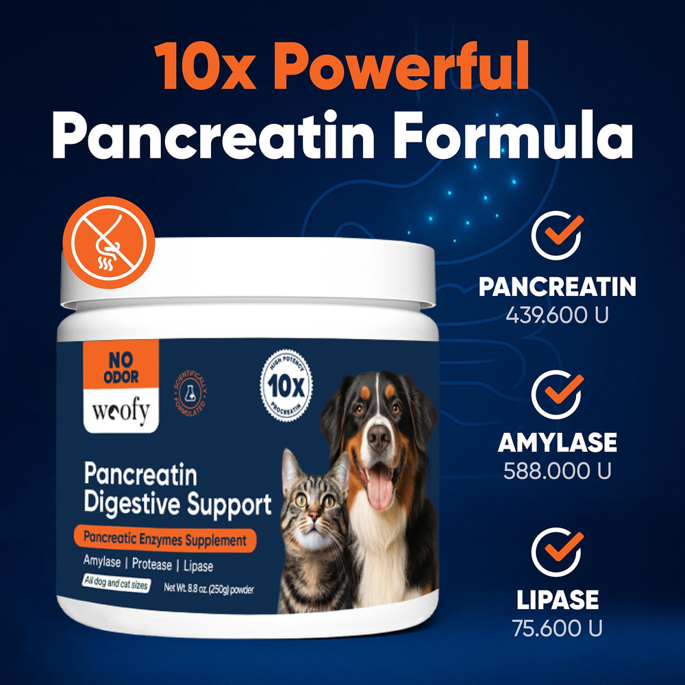 Woofy Pancreatin digestive support bottle pouring into pet food for daily dosing
