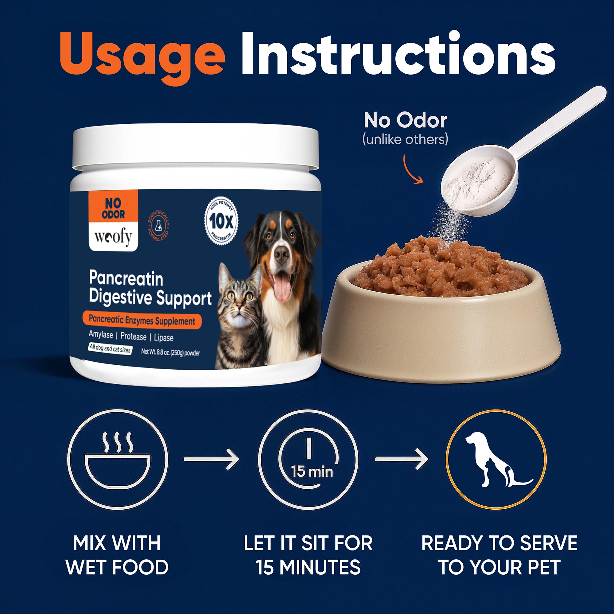 Woofy Pancreatin digestive support measuring scoop for precise dosing