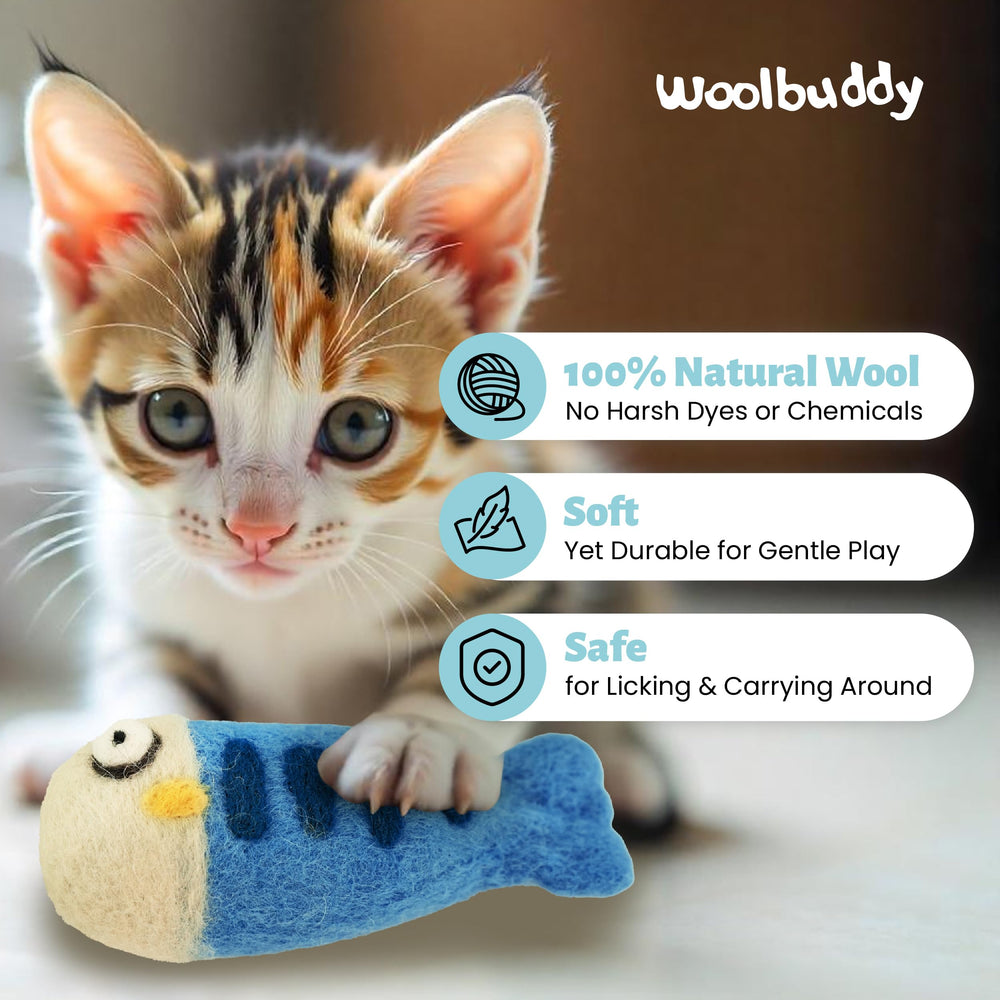 Woolbuddy cat toys demonstrate durable soft wool gentle on teeth