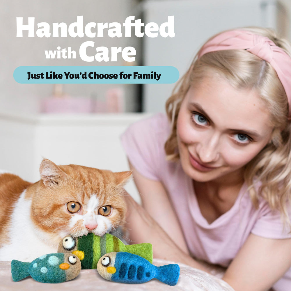Woolbuddy felted toys mimic prey to spark indoor hunting instincts