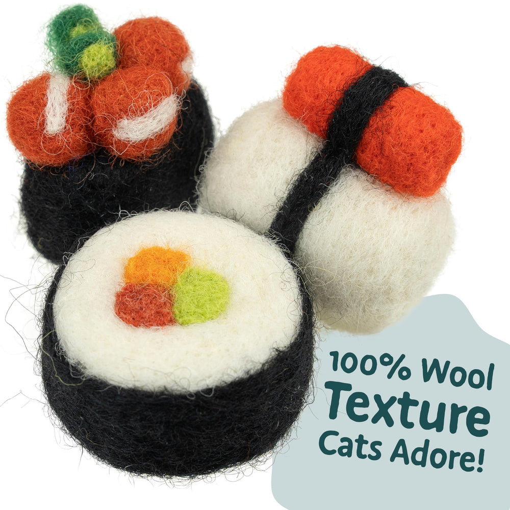 Woolbuddy Sushi Cat Toy Set large sushi pieces, great for adult cats' hunting.