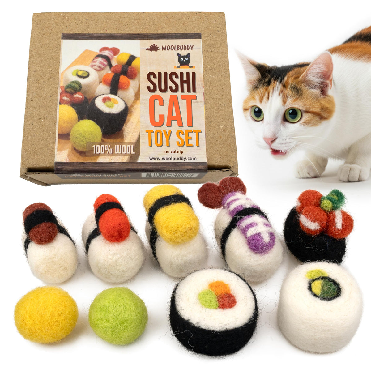 Woolbuddy Sushi Cat Toy Set packaging display, ideal for gifting cat lovers.