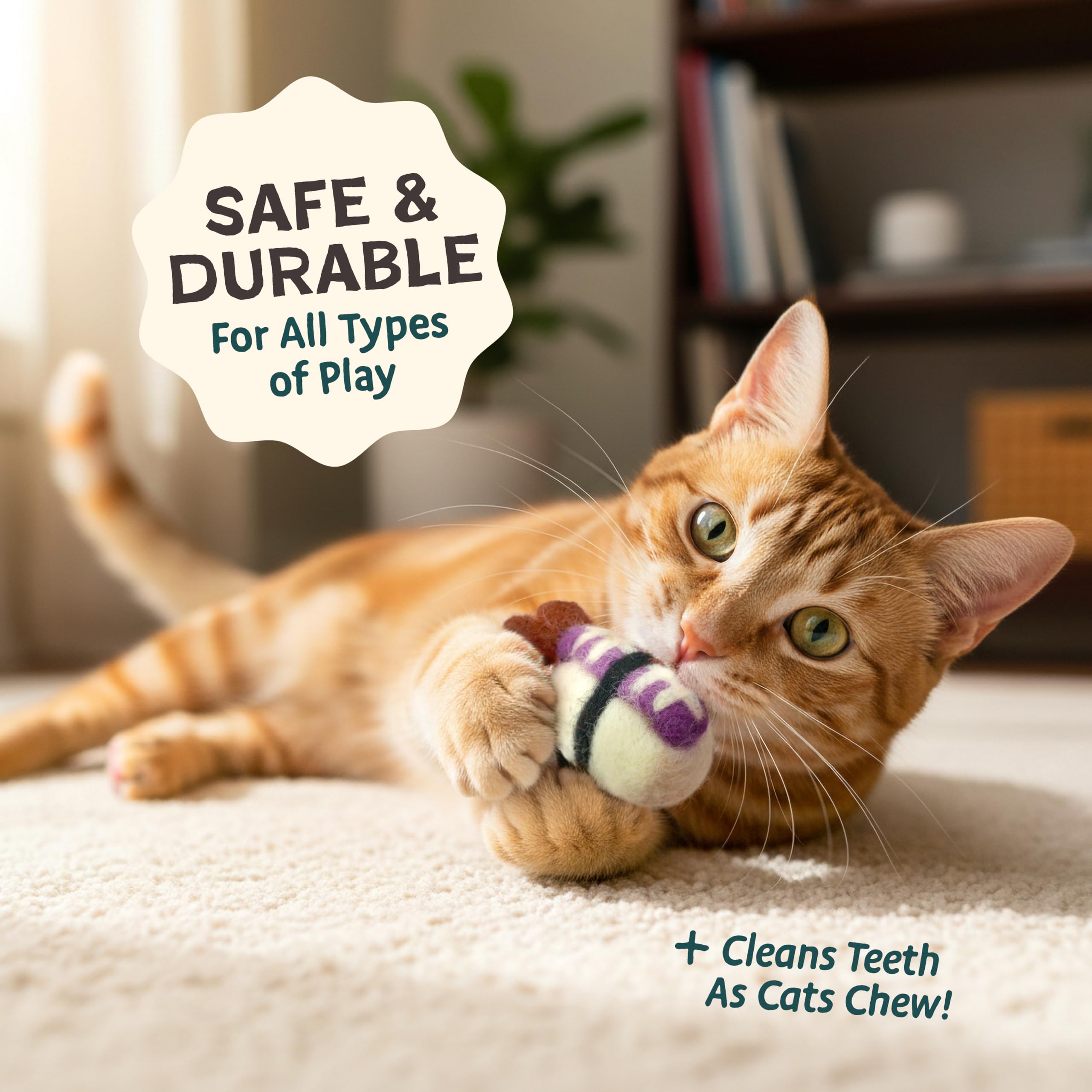Woolbuddy textured wool close-up, durable dental-friendly play for cats.