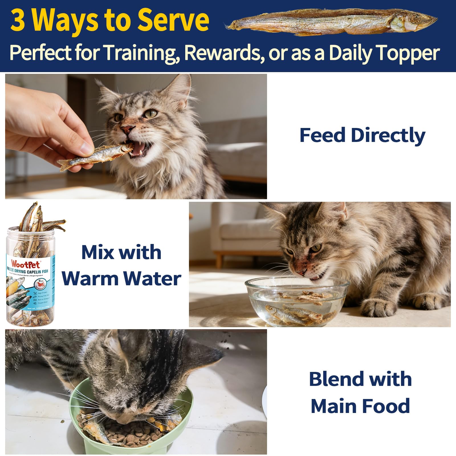 WootPet capelin treats show whole-fish pieces for a protein-forward snack.