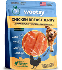 Wootsy Chicken Jerky front-packaging highlights grain-free, low-calorie dog treats.