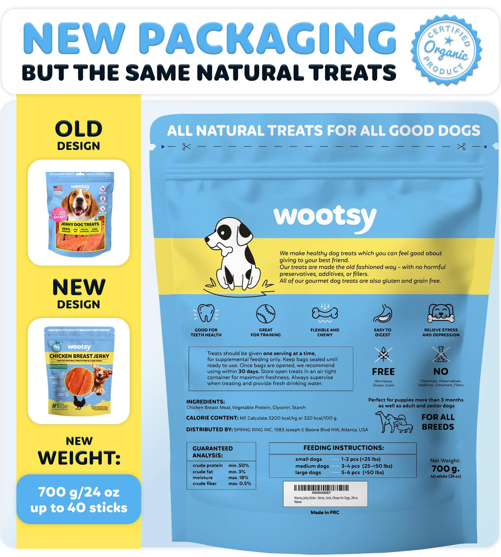 Wootsy Chicken Jerky texture closeup shows chewy, protein-packed strips for rewards.