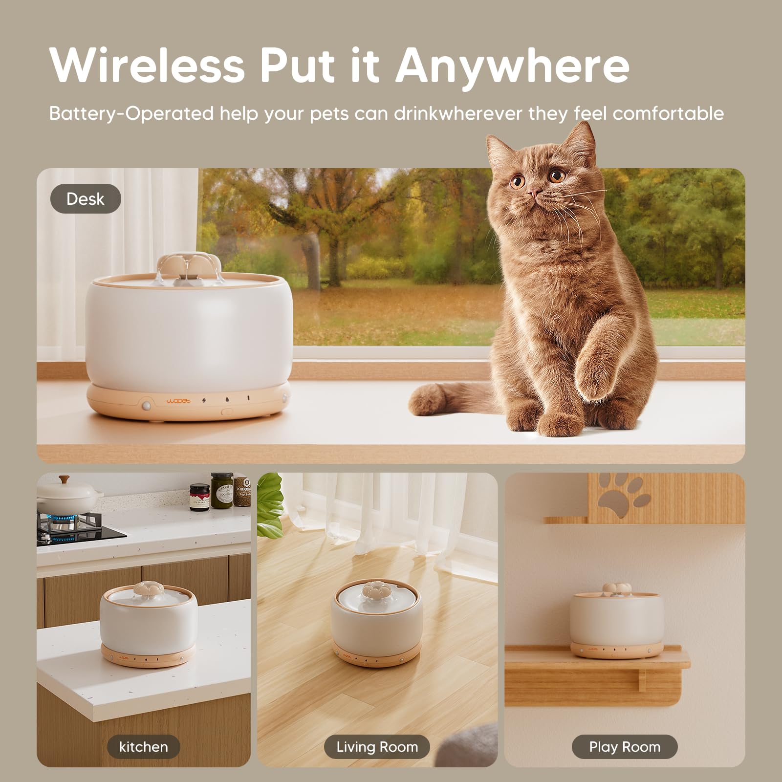 WOPET 5000mAh rechargeable battery powers cordless fountain