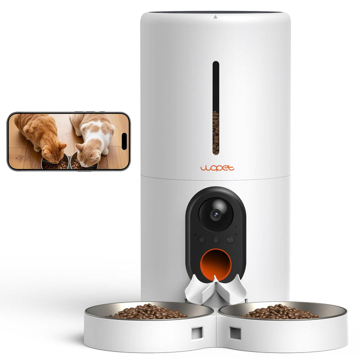 WOPET automatic feeder with camera, front view for dual-pet feeding control.