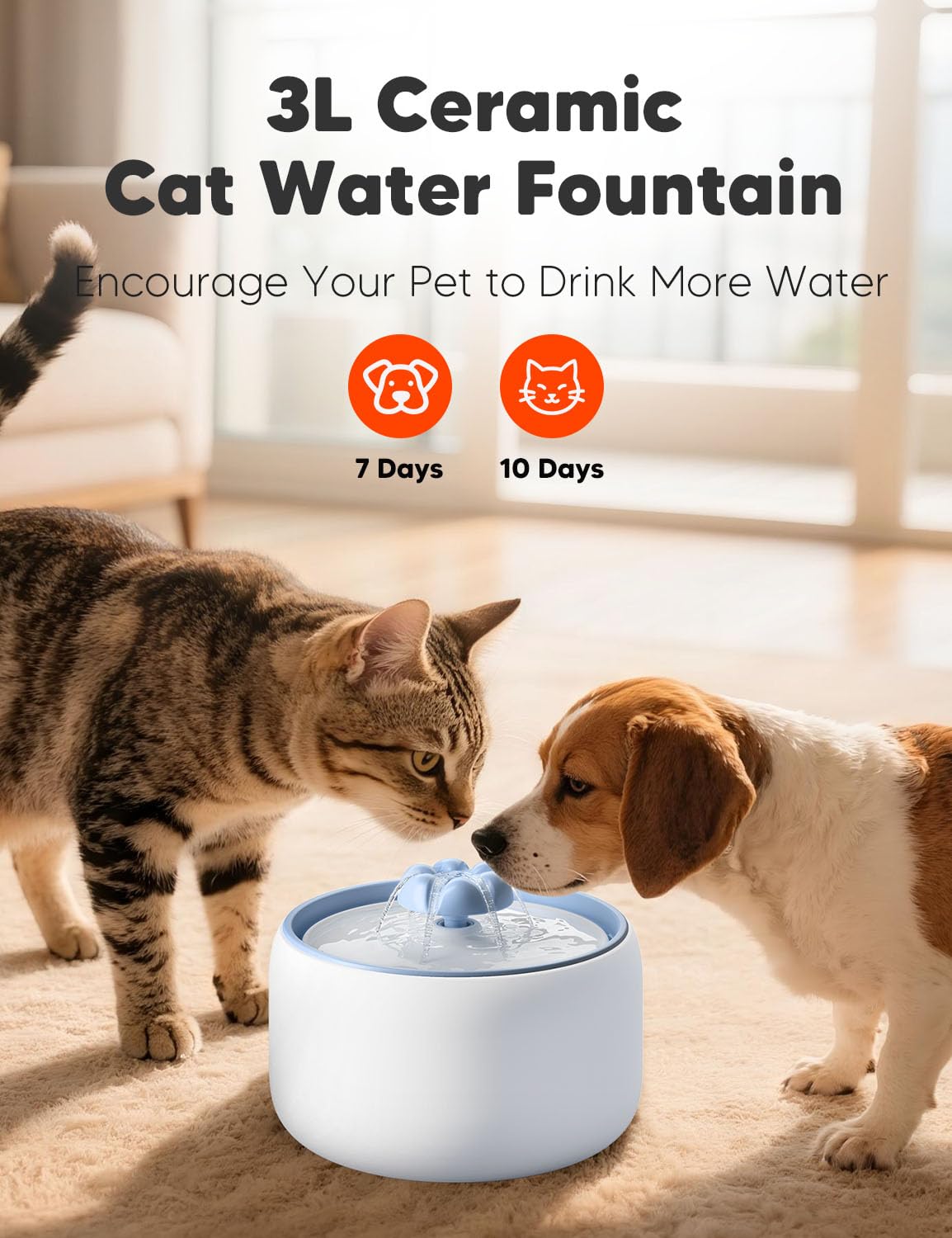 WOPET ceramic fountain showing whisper-quiet pump for peaceful sipping
