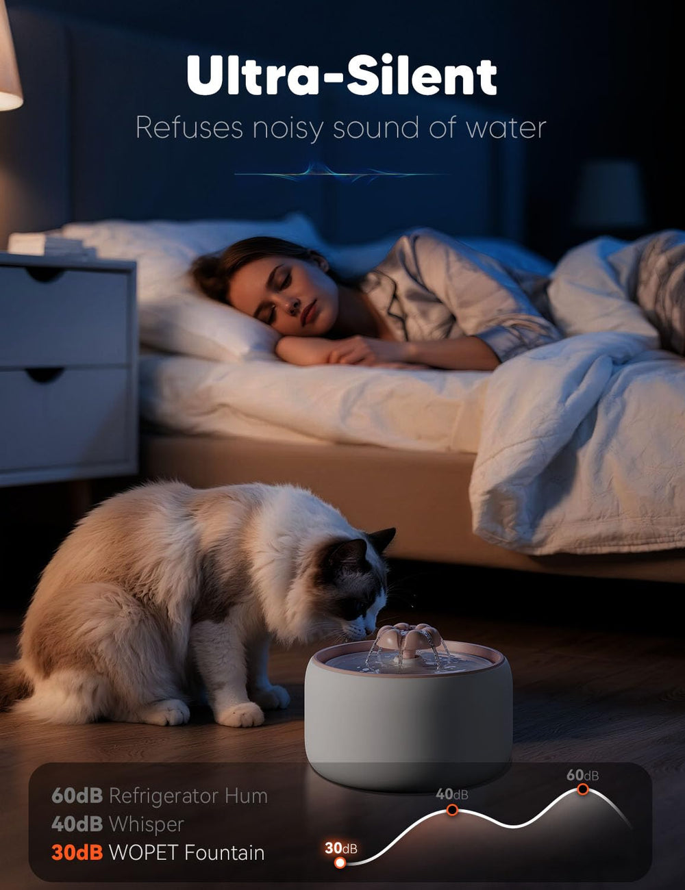 WOPET premium ceramic cat fountain W03 Lite 3L capacity for longer hydration.