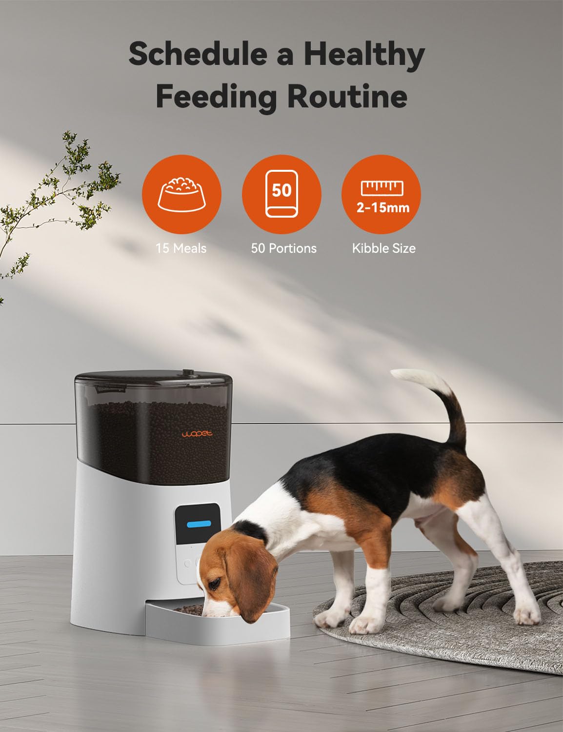 WOPET voice meal call plays a comforting message during dispensing.