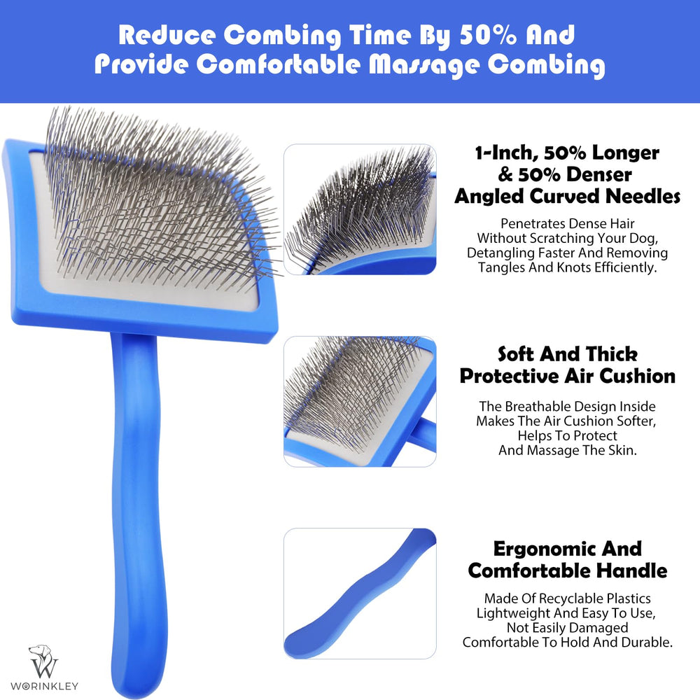 Worinkley angled pins provide comfortable brushing for poodles and doodles
