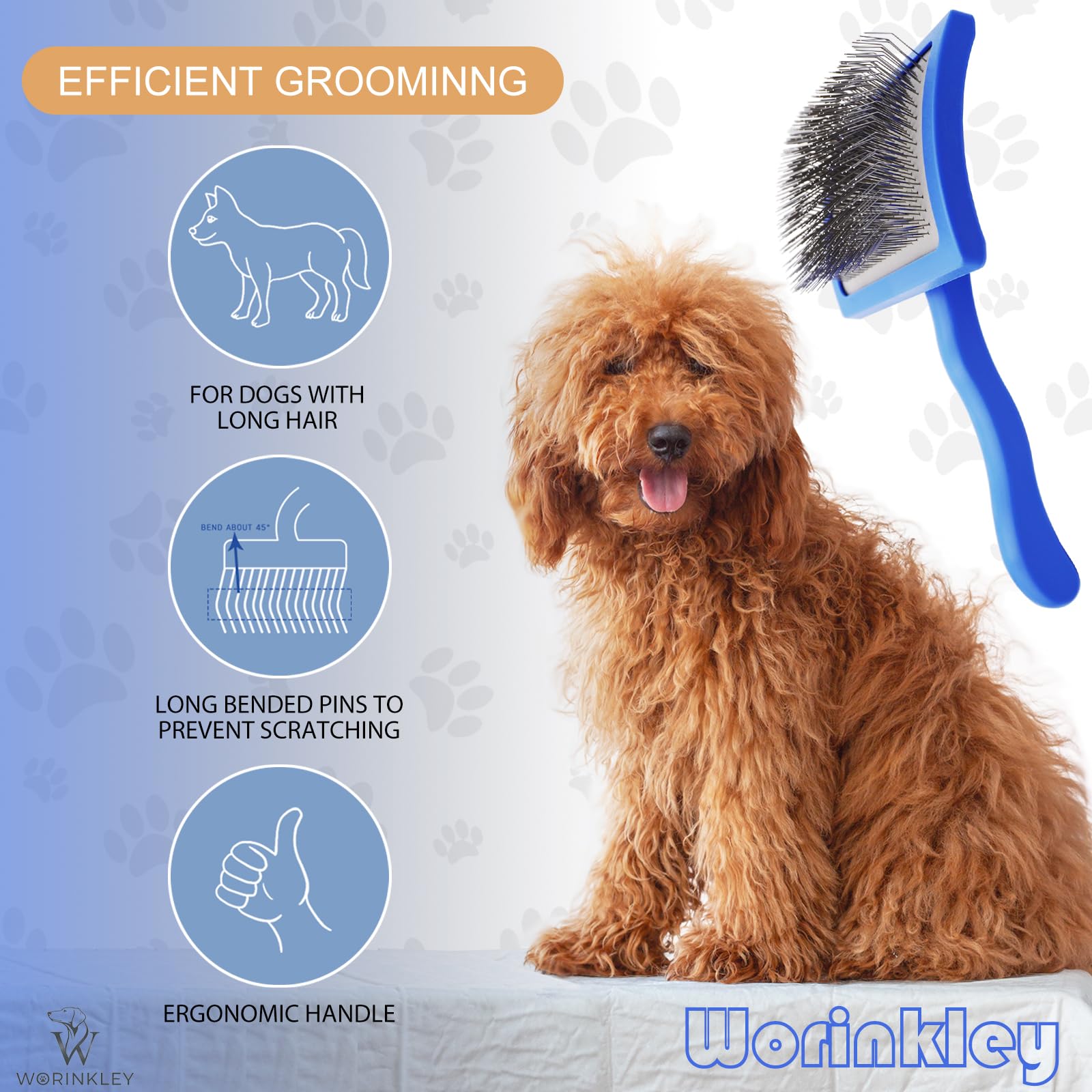 Worinkley ergonomic-handle dog brush reduces hand fatigue during grooming