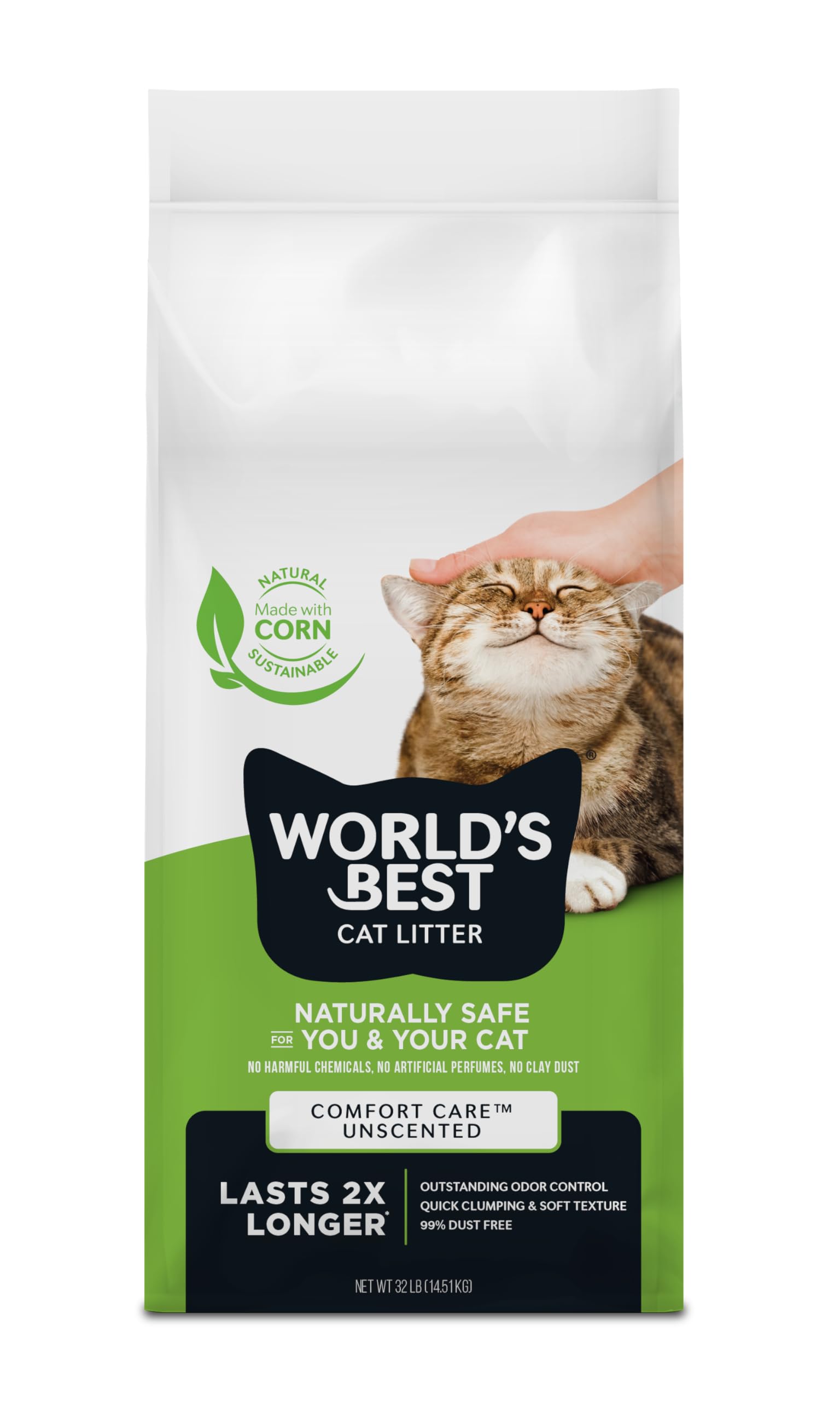 World's Best Cat Litter Comfort Care unscented 32lb bag showing low-dust formula