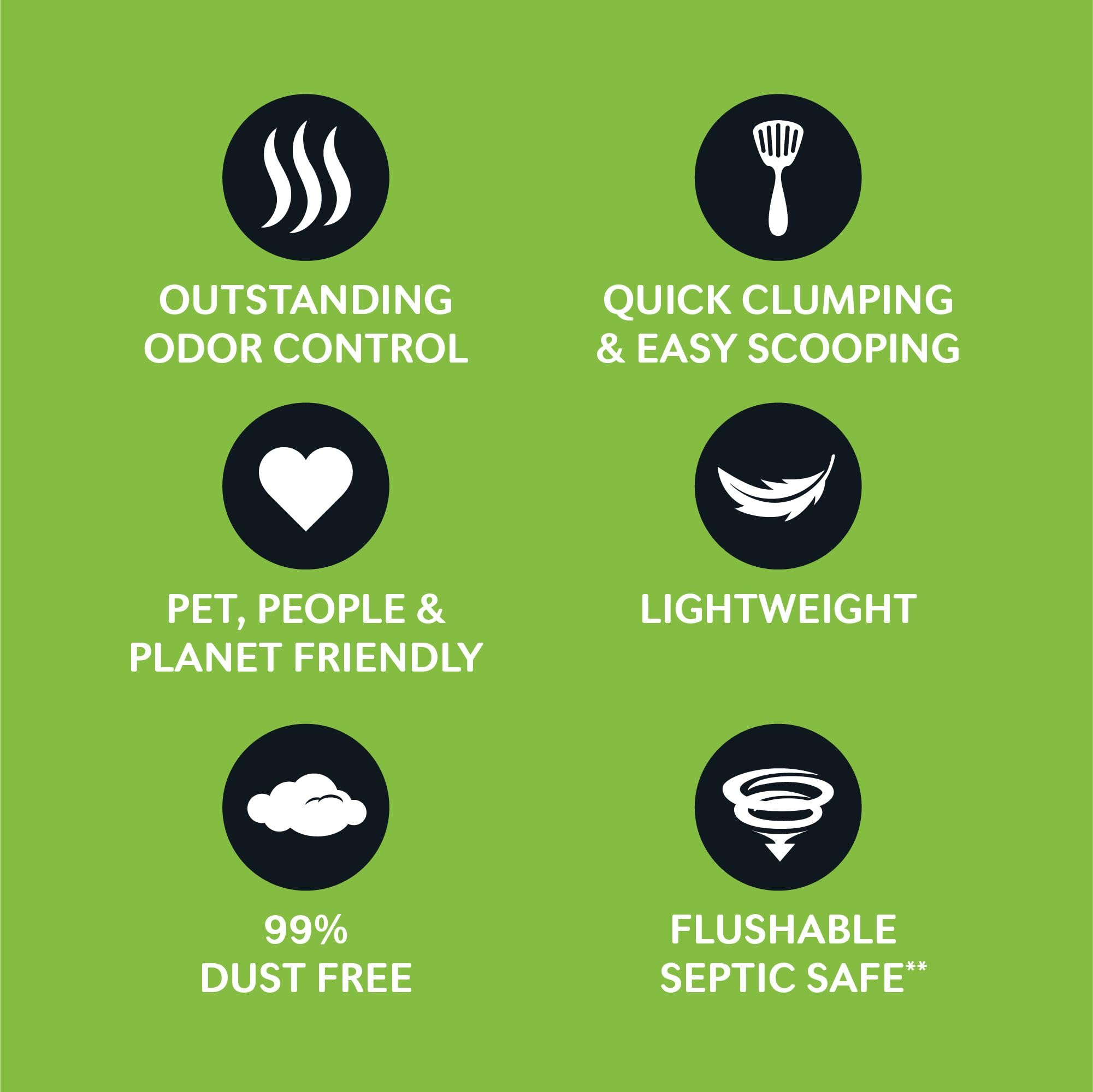 World's Best Cat Litter Flushable Septic Safe emphasizes safe disposal down the flush.
