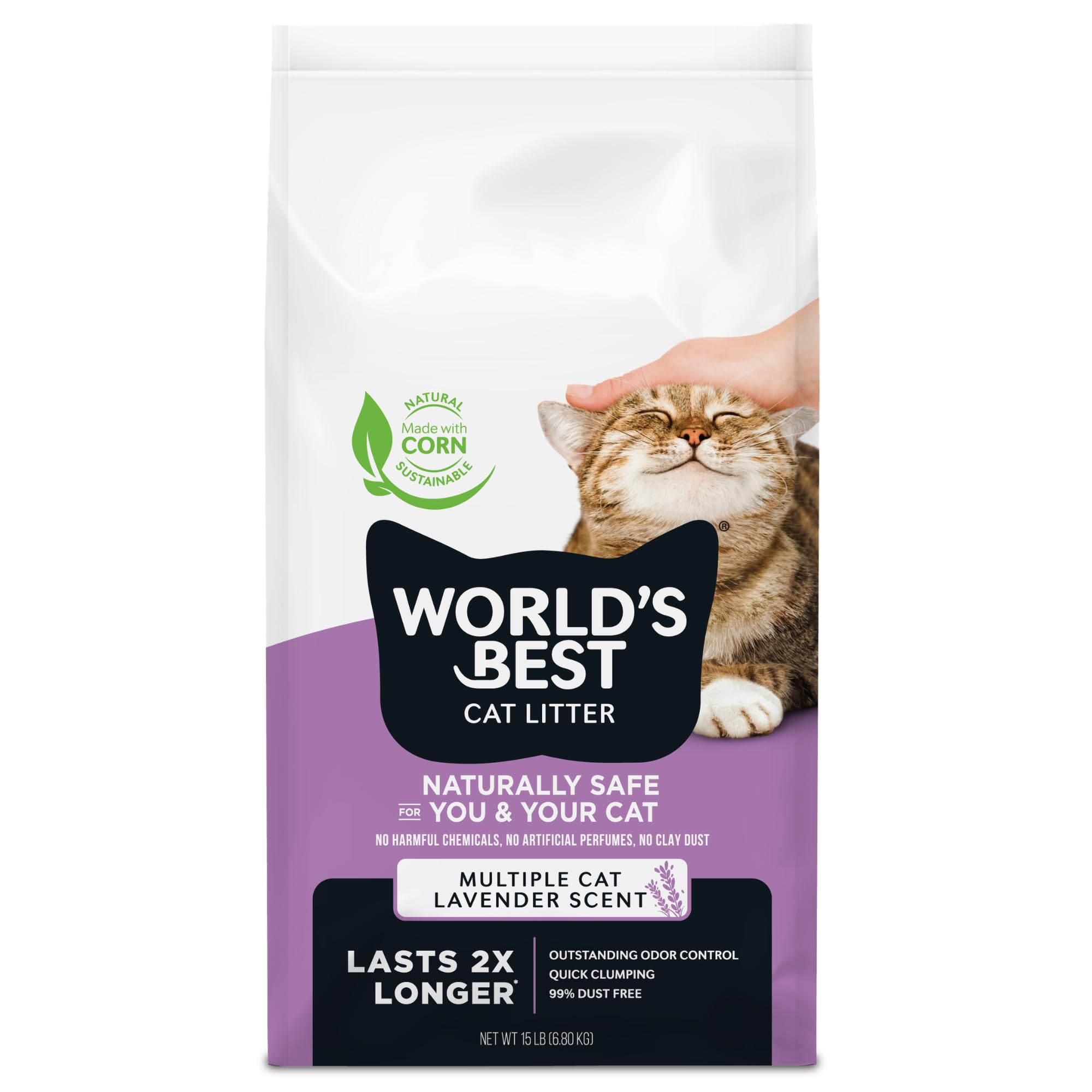 World's Best Cat Litter lavender scented bag shown for a calm aroma and cleaner room
