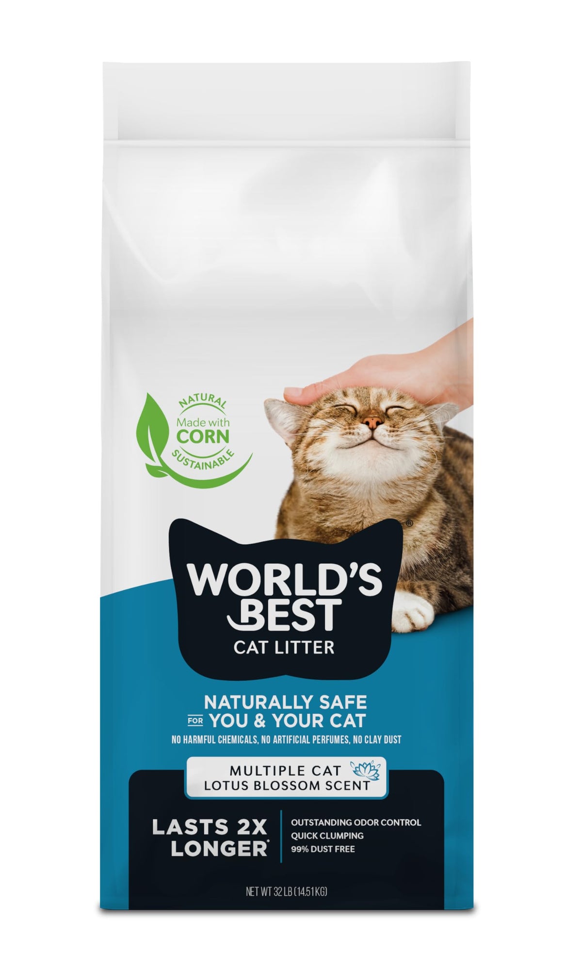 World's Best Cat Litter Lotus Blossom bag front shows natural formula for pet-safe use.