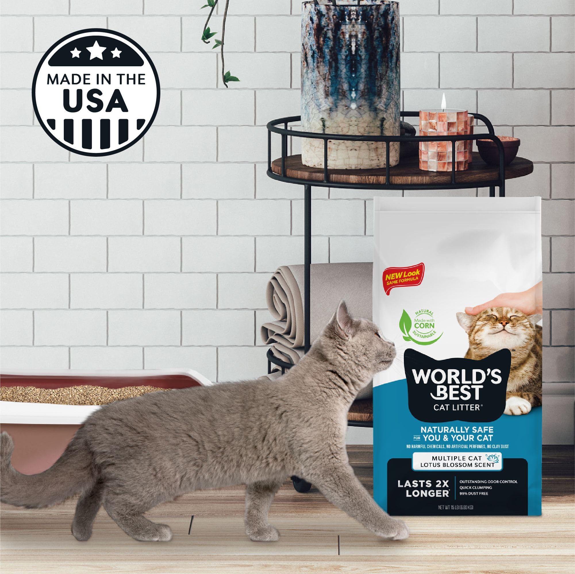 World's Best Cat Litter Lotus Blossom flushable packaging indicates septic-safe use, for easier disposal.
