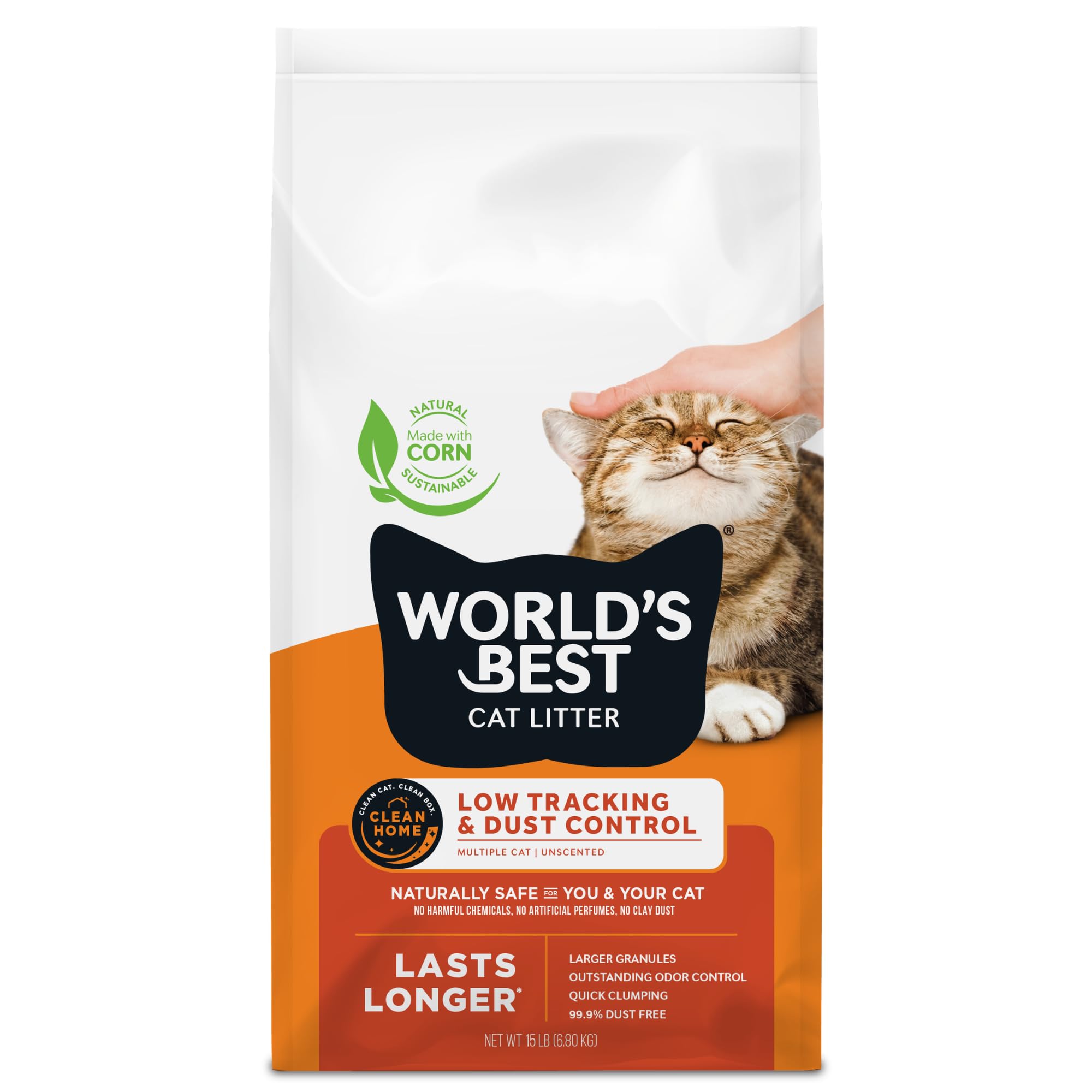 World's Best Cat Litter low-tracking dust control bag reduces mess around the box.