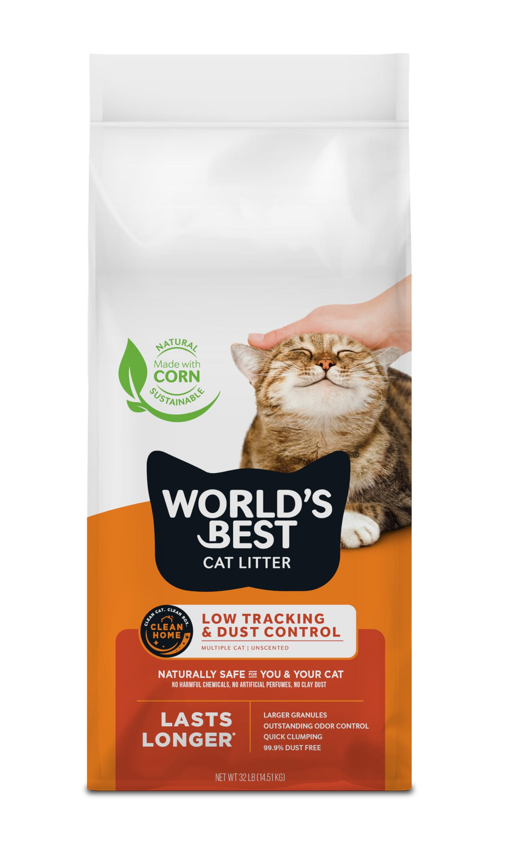 World's Best Cat Litter low-tracking granules reduce mess around the box.
