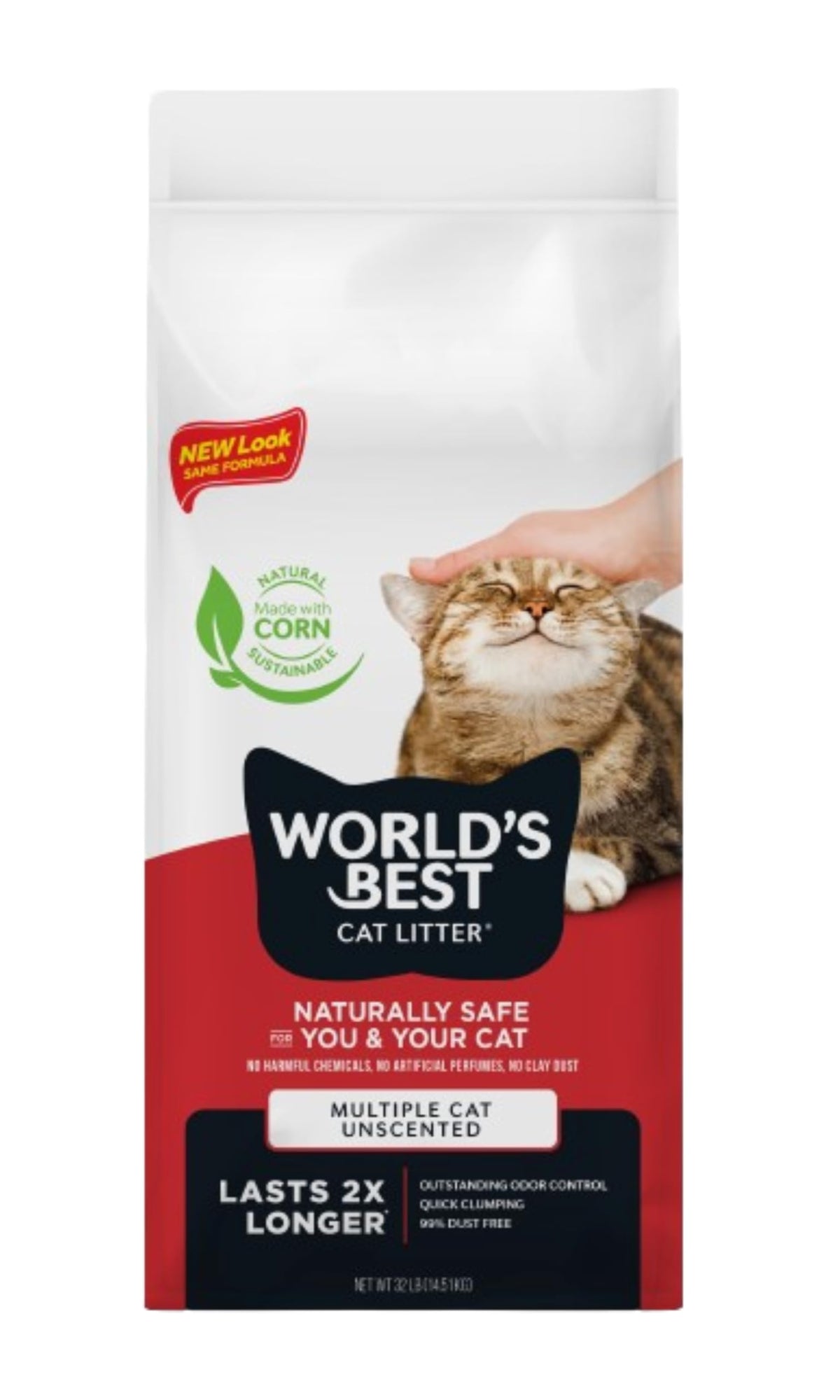 World's Best Cat Litter packaging showing multi-cat unscented 32 lb bag for odor control.