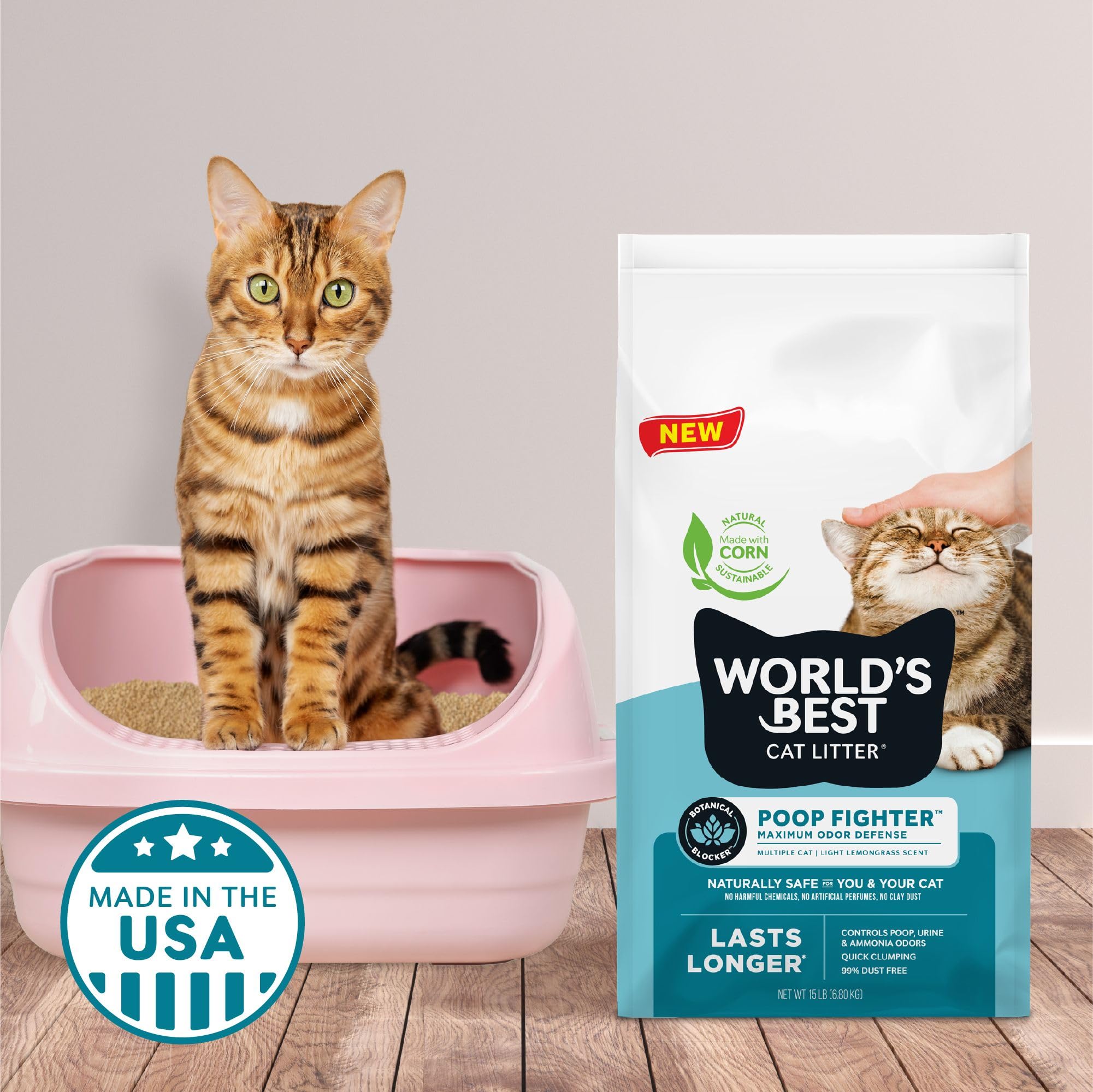 World's Best Cat Litter Poop Fighter flushable label communicates convenient disposal and septic safety.